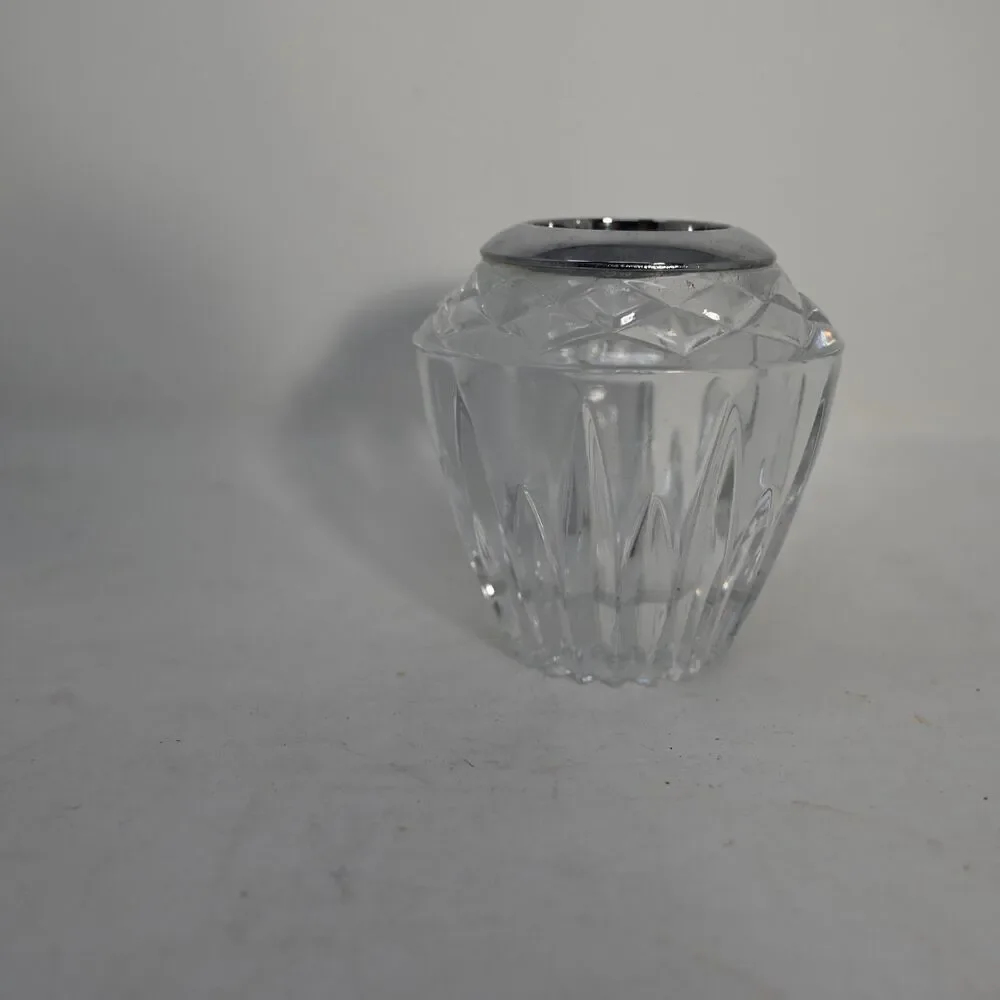 Vintage Cut Crystal Bud Vase Chrome Rim Heavy Glass 4